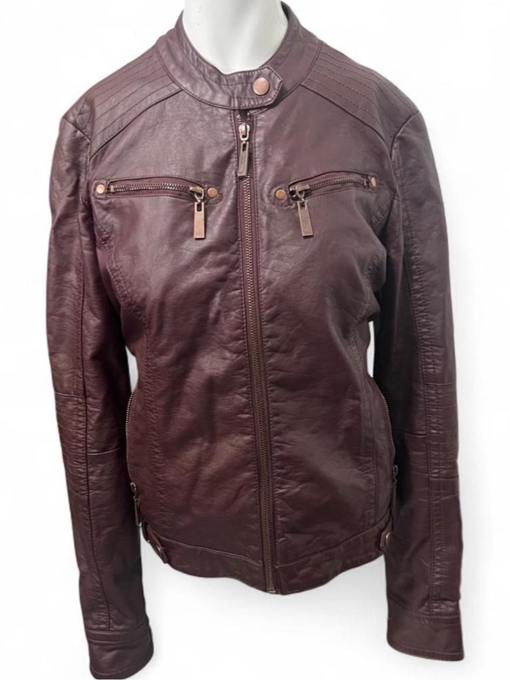 Jou Jou Dark Brown Maroon Red faux leather biker jacket 4 pockets